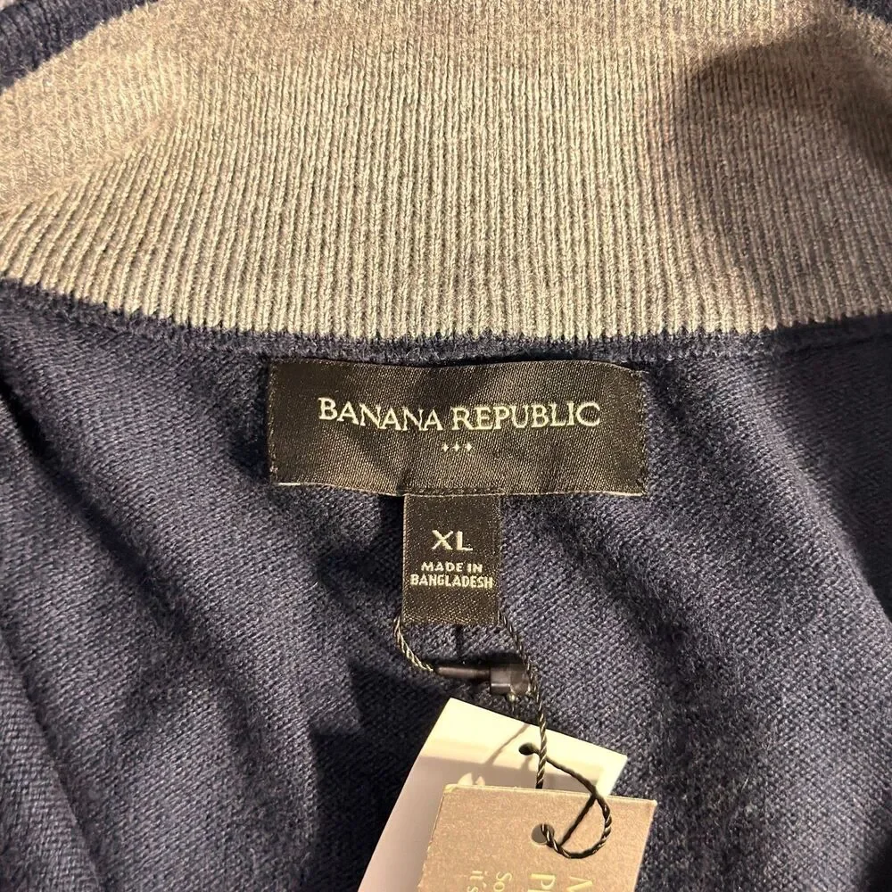 NWT Banana Republic Sweater Mens XL Blue Striped Premium Luxe Yarn 1/4 Zip $70